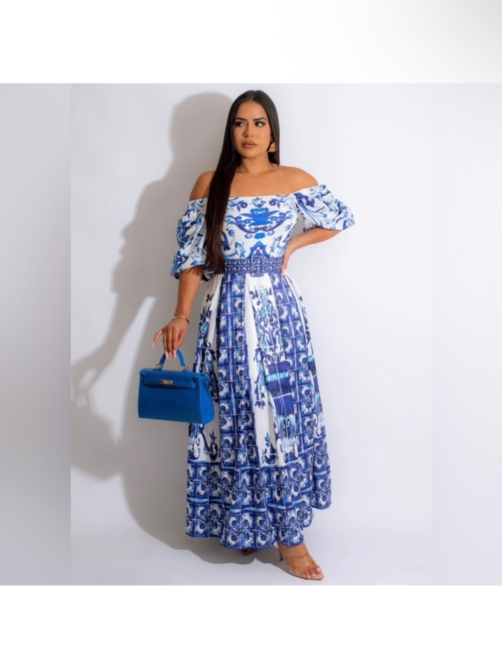 Off-Shoulder Blue and White Printed Maxi Dress